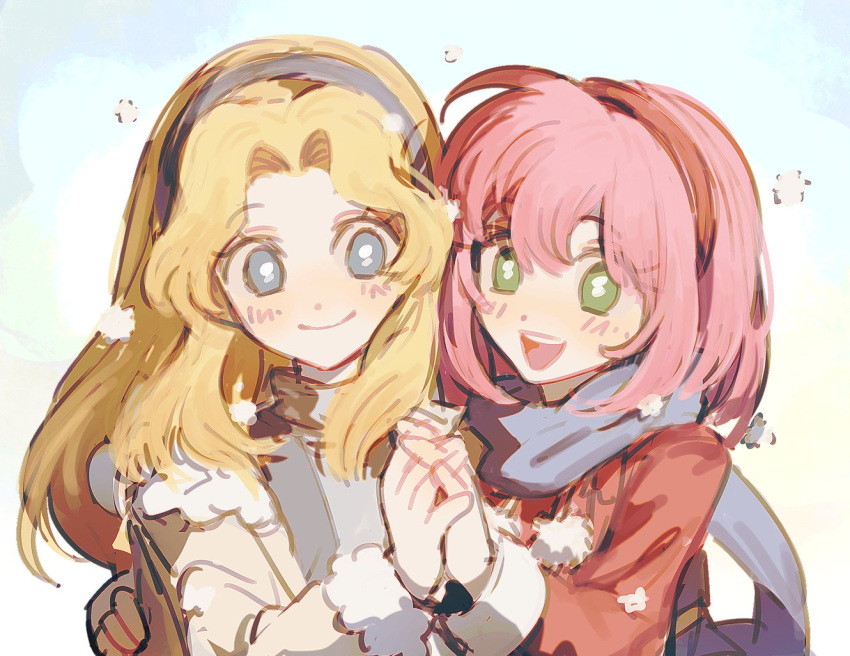 2girls amy_rose blue_eyes blue_hairband blue_scarf coat fur-trimmed_coat fur-trimmed_sleeves fur_trim green_eyes hairband hand_on_another's_head humanization long_hair looking_at_viewer maria_robotnik multiple_girls open_mouth pink_hair red_hairband risgard9 scarf short_hair simple_background smile sonic_(series)