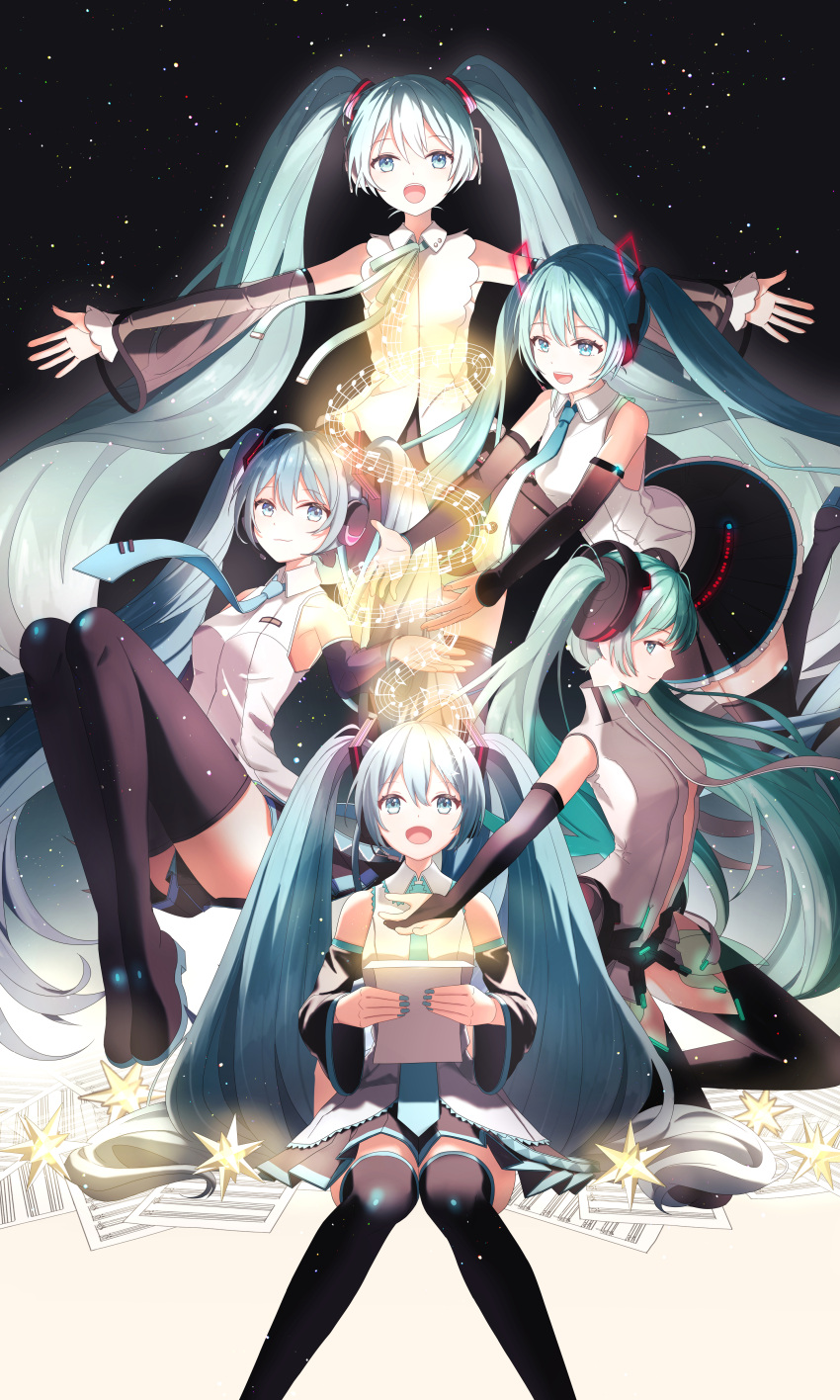 5girls :d absurdres bare_shoulders blue_eyes blue_hair blue_nails blue_necktie boots crypton_future_media detached_sleeves gloves green_hair hatsune_miku headphones highres macha_3939 miku_append multiple_girls musical_note necktie outstretched_arms partially_fingerless_gloves pleated_skirt sheet_music skirt smile thigh_boots twintails vocaloid vocaloid_append