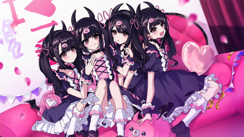 4girls :o backpack bag black_choker black_hair black_hairband black_horns blunt_bangs brown_eyes choker clone closed_mouth commentary_request couch curtains demon_horns denonbu dress earrings fake_horns frilled_dress frills hair_ornament hair_ribbon hairband hand_up heart heart_earrings highres horns indoors jewelry kanarikaro long_hair looking_at_viewer multiple_girls on_couch open_mouth petals pillow pink_bag pomemori puffy_short_sleeves puffy_sleeves purple_dress purple_footwear reml ribbon shoes short_sleeves sitting smile socks string_of_flags tongue tongue_out twintails white_socks wrist_cuffs x_hair_ornament