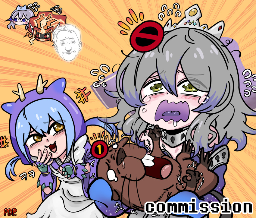 3girls artist_name bare_shoulders beaver blue_hair blush comedy commission crying crying_with_eyes_open duel_monster grey_hair highres ksg950815 laughing laundry_dragonmaid multiple_girls nimble_beaver no_symbol saliva spright_elf tearlaments_kitkallos tearlaments_merrli tears tiara yellow_eyes yu-gi-oh!
