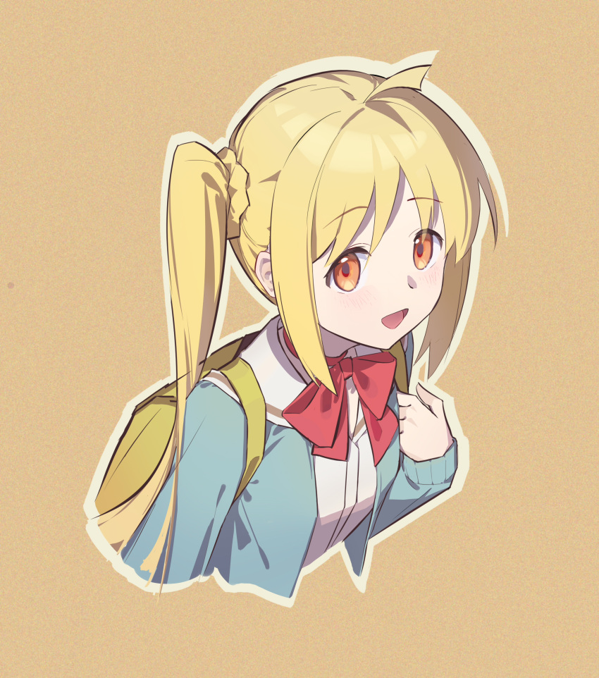 1girl absurdres ahoge backpack bag bh_zhu_baihe_hua blonde_hair blue_jacket bocchi_the_rock! breasts commentary_request cropped_torso highres ijichi_nijika jacket long_hair long_sleeves looking_at_viewer open_clothes open_jacket open_mouth orange_eyes outline sailor_collar shirt side_ponytail sidelocks small_breasts smile solo upper_body white_outline white_shirt yellow_background