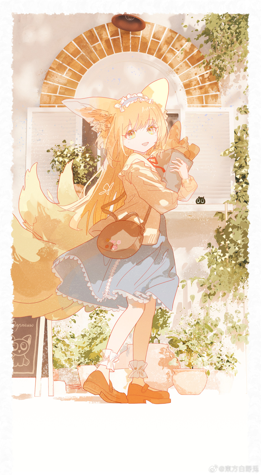 1girl :d absurdres animal_ears ankle_cuffs arknights bag blonde_hair blue_hairband blue_skirt brown_bag cardigan chinese_commentary cielluloid commentary_request cross-laced_clothes cross-laced_skirt cross-laced_slit crossover fox_ears fox_girl fox_tail frilled_hairband frills full_body green_eyes hair_ornament hairband handbag heixiu high-waist_skirt highres kitsune kyuubi long_hair long_sleeves looking_at_viewer luo_xiaohei_zhanji multiple_tails neck_ribbon official_alternate_costume open_cardigan open_clothes open_mouth puffy_long_sleeves puffy_sleeves red_ribbon ribbon round_bag shoulder_bag skirt smile standing suzuran_(arknights) suzuran_(spring_praise)_(arknights) tail yellow_cardigan