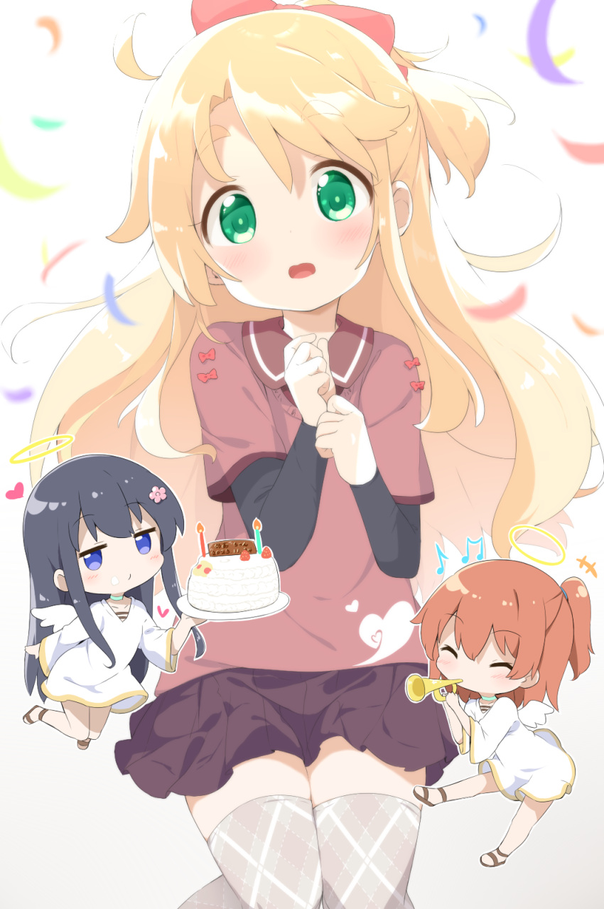 +++ 3girls ^_^ beamed_eighth_notes black_hair blonde_hair blush bow brown_background brown_footwear brown_hair brown_shirt brown_skirt brown_thighhighs cake candle closed_eyes closed_mouth commentary_request confetti dress eighth_note fire food gradient_background green_eyes hair_bow head_tilt highres himesaka_noa holding holding_instrument hoshino_hinata instrument layered_sleeves long_sleeves looking_at_viewer makuran mini_person minigirl multiple_girls musical_note open_mouth plaid plaid_legwear plaid_thighhighs pleated_skirt ponytail red_bow sandals shirosaki_hana shirt short_over_long_sleeves short_sleeves skirt thigh-highs translation_request trumpet violet_eyes watashi_ni_tenshi_ga_maiorita! white_background white_dress wide_sleeves