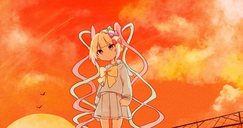 1girl bird blonde_hair blue_bow blue_eyes blue_hair blue_shirt blue_skirt bow chain-link_fence chouzetsusaikawa_tenshi-chan closed_mouth clouds commentary_request empty_eyes expressionless fence hair_bow highres kabe_(zp66104) long_hair long_sleeves looking_ahead multicolored_hair needy_girl_overdose orange_sky outdoors pink_bow pink_hair pleated_skirt purple_bow quad_tails sailor_collar school_uniform serafuku shirt skirt sky solo standing sunset twintails very_long_hair yellow_bow