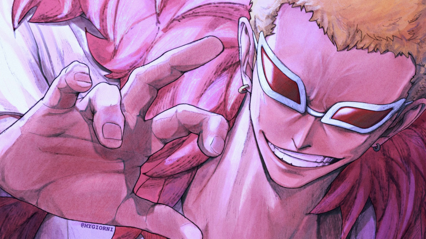 1boy artist_name blonde_hair clenched_teeth coat commentary donquixote_doflamingo earrings english_commentary evil_smile feather_coat highres hoop_earrings jewelry male_focus mygiorni one_piece short_hair smile solo sunglasses teeth white-framed_eyewear