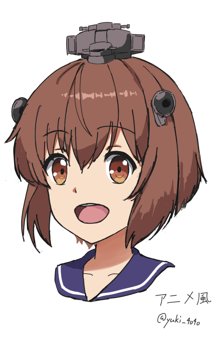 1girl blue_sailor_collar brown_eyes brown_hair highres kantai_collection kantai_collection_(anime) one-hour_drawing_challenge open_mouth round_teeth sailor_collar short_hair simple_background smile solo speaking_tube_headset teeth twitter_username upper_body upper_teeth_only white_background yuki_4040 yukikaze_(kancolle)