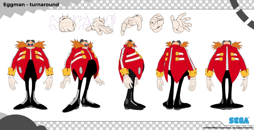absurdres bald black_pants blue-tinted_eyewear character_profile close-up disembodied_limb dr._eggman evil_grin evil_smile facial_hair gloves goggles goggles_on_head grin highres jacket multiple_views mustache official_art orange_hair pants red_jacket reference_sheet smile sonic_(series) sonic_dream_team tinted_eyewear turnaround tyson_hesse white_gloves yellow_wrist_cuffs zipper