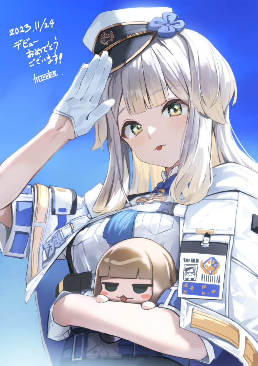 1girl :p blonde_hair brown_hair capelet character_doll gloves gradient_hair green_eyes grey_hair hat highres kagawa_ichigo multicolored_eyes multicolored_hair neck_tassel nijisanji official_art police police_hat police_uniform shioriha_ruri solo tongue tongue_out uniform virtual_youtuber white_capelet white_gloves yellow_eyes