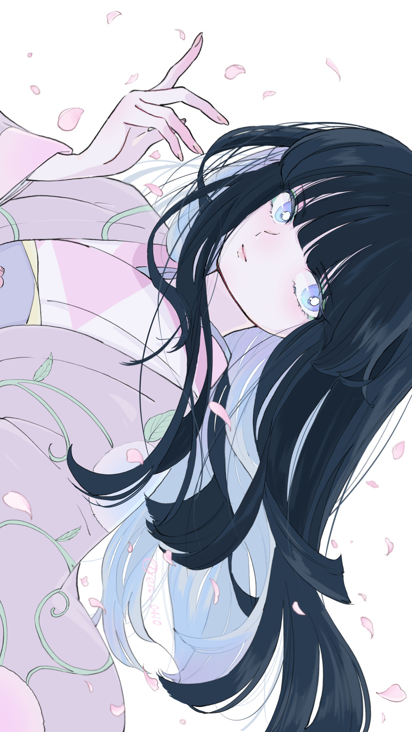 1girl absurdres black_hair blue_eyes blunt_bangs closed_mouth en_0410 falling_petals floating_hair hand_up haori highres japanese_clothes kimono long_hair long_sleeves looking_at_viewer mao_(takahashi_rumiko) mitazono_mei obi petals sash sideways simple_background smile solo straight_hair twitter_username upper_body vine_print white_background wind