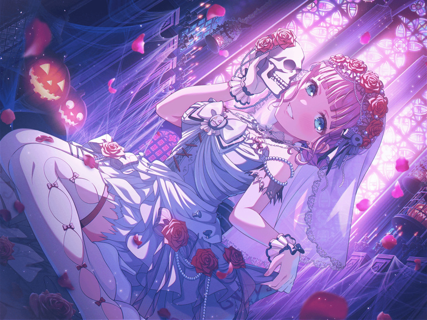 bang_dream! dress flower_ornament flower_petals green_eyes halloween official_art petals pink_hair short_sleeves skull smile uehara_himari wedding_dress