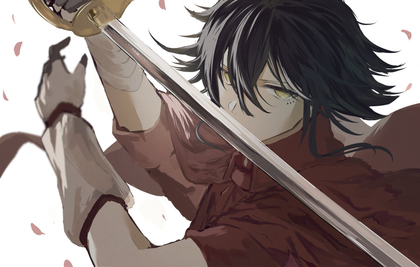 1boy absurdres asymmetrical_sleeves bandaged_arm bandages black_hair bungou_stray_dogs cloak facial_mark hands_up highres holding holding_sword holding_weapon jacket jellyfish_sz looking_at_viewer male_focus red_cloak red_jacket short_hair solo suehiro_tetchou_(bungou_stray_dogs) sword uneven_sleeves weapon white_background yellow_eyes