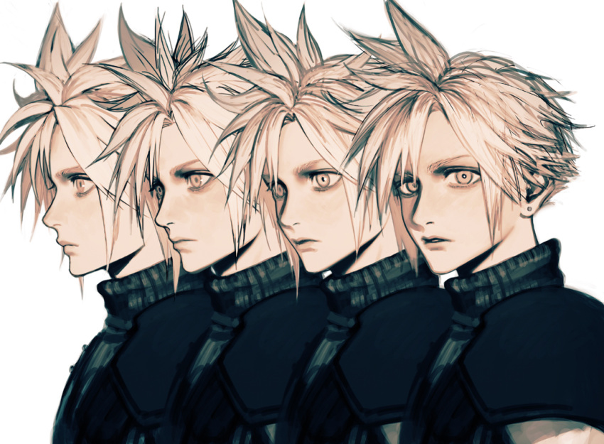 1boy 9ibem armor blonde_hair cloud_strife earrings expressionless final_fantasy final_fantasy_vii jewelry looking_at_viewer looking_to_the_side male_focus multiple_views parted_lips pauldrons short_hair shoulder_armor simple_background sleeveless sleeveless_turtleneck spiky_hair stud_earrings turning_head turtleneck upper_body white_background yellow_eyes