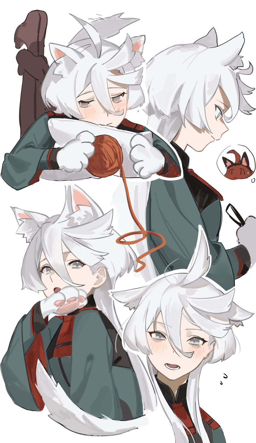 1girl absurdres ahoge animal_ears animal_hands black_pantyhose blush cat_ears closed_mouth commentary_request flying_sweatdrops green_jacket grey_eyes gundam gundam_suisei_no_majo highres jacket jia_ma kemonomimi_mode licking_paw long_hair long_sleeves looking_at_viewer lying miorine_rembran multiple_views on_stomach open_mouth pantyhose pillow simple_background suletta_mercury thought_bubble white_background white_hair yarn yarn_ball