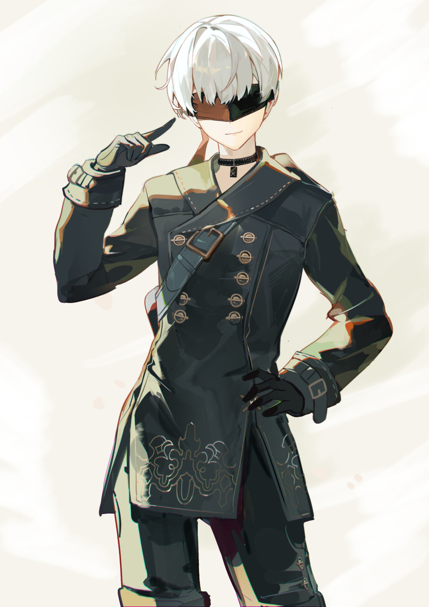 1boy 9s_(nier:automata) absurdres black_blindfold black_choker black_gloves black_jacket black_shorts blindfold choker closed_mouth ershuihe gloves hand_on_own_hip highres jacket long_sleeves looking_at_viewer male_focus nier:automata nier_(series) pointing pointing_at_self shorts simple_background solo white_hair