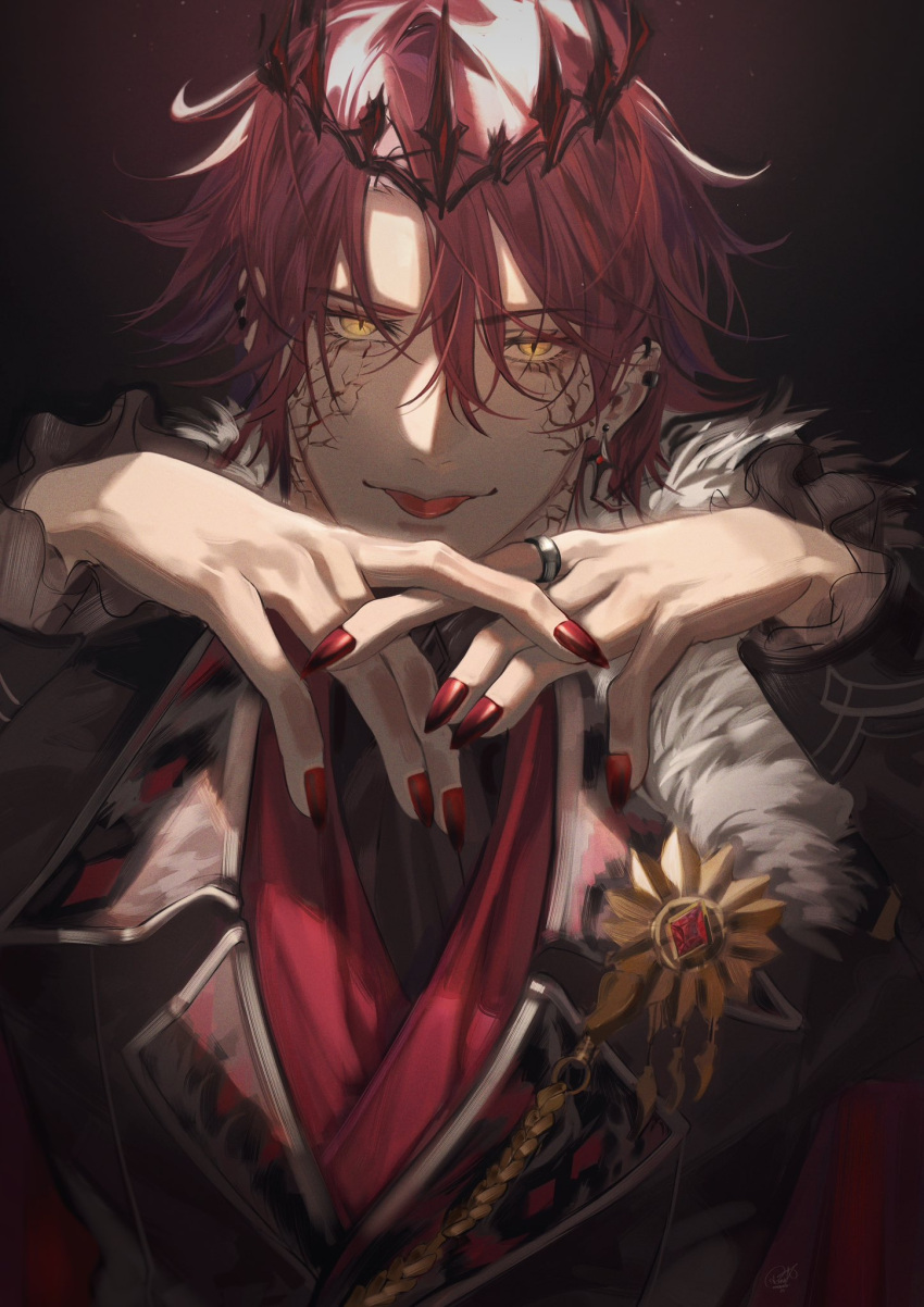 1boy black_background black_jacket collared_jacket collared_shirt crown earrings facial_mark fingernails frilled_sleeves frills fur-trimmed_jacket fur_trim hair_between_eyes highres holostars holostars_english jacket jewelry jurard_t_rexford long_sleeves looking_at_viewer own_hands_together red_nails red_vest redhead renjumin ring sharp_fingernails shirt slit_pupils tongue tongue_out upper_body vest yellow_eyes