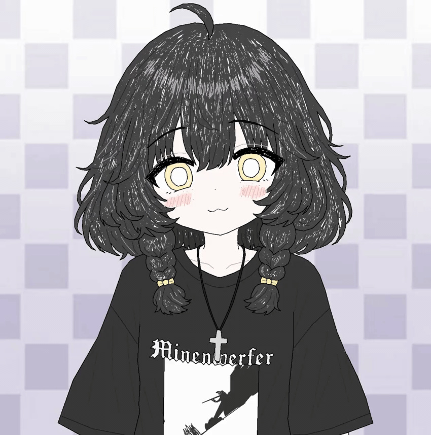 1girl animated animated_gif black_hair black_shirt blinking blush braid collarbone commentary cross cross_necklace english_commentary english_text eternalsoulrape fiar_(eternalsoulrape) highres jewelry looking_at_viewer monochrome_background necklace original print_shirt raised_inner_eyebrows shirt solo t-shirt twintails yellow_eyes