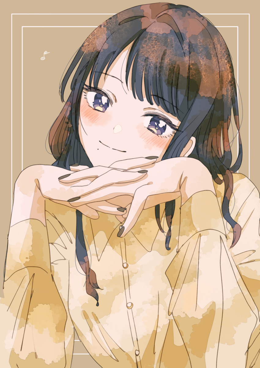 1girl absurdres black_hair blush fingernails head_rest highres idolmaster idolmaster_shiny_colors interlocked_fingers kazano_hiori mole mole_under_mouth musical_note nail_polish own_hands_together paddy_field simple_background smile solo upper_body violet_eyes