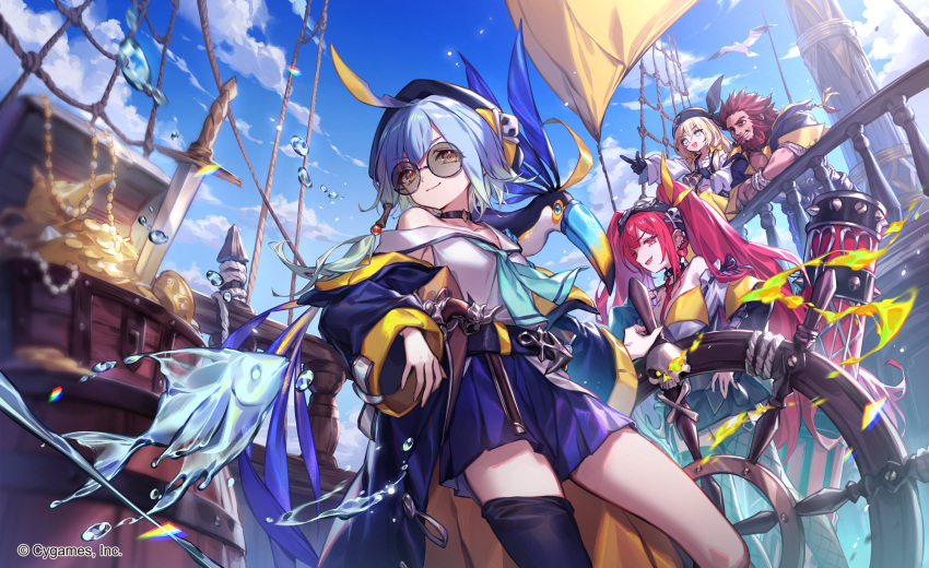 1boy 3girls aqua_neckerchief bandana barbaros_(shadowverse) bird black_gloves blonde_hair blue_eyes blue_hair blue_sky character_request copyright_notice deep-sea_scout_(shadowverse) earrings fang glasses gloves heart heart_earrings highres jewelry lee_hyeseung multiple_girls neckerchief official_art pirate_ship planted planted_sword pleated_skirt pointing red_eyes redhead rope shadowverse ship's_wheel skirt skull_and_crossbones sky sword tidal_gunner_(shadowverse) toucan treasure_chest twintails weapon yellow_eyes