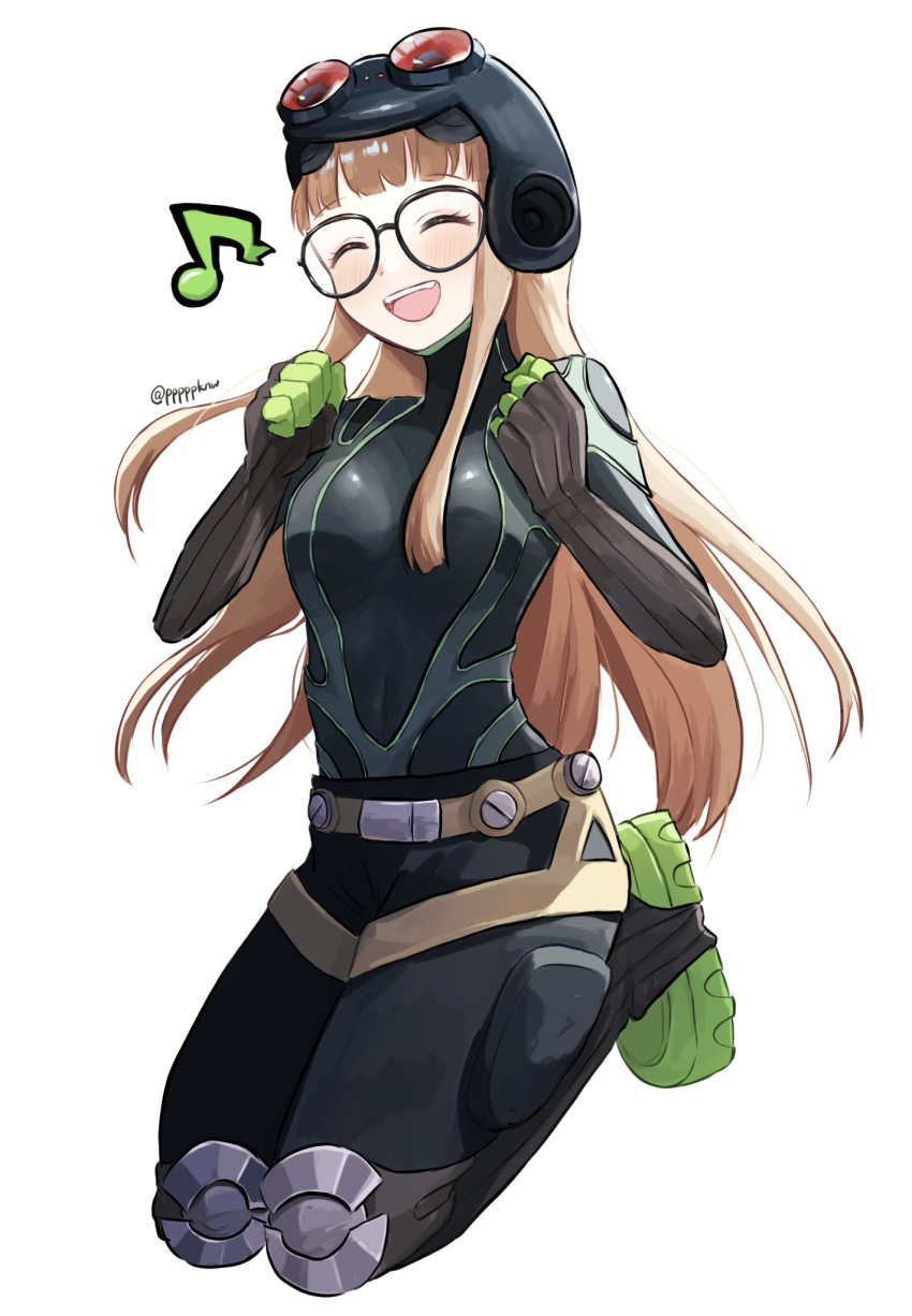 1girl :d black_bodysuit blush bodysuit breasts brown_hair clenched_hands closed_eyes full_body goggles goggles_on_head hands_up highres long_hair musical_note open_mouth persona persona_5 pppppknw sakura_futaba simple_background small_breasts smile spoken_musical_note teeth upper_teeth_only very_long_hair white_background