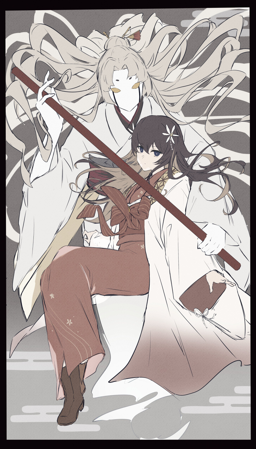 2girls absurdres black_border black_eyes black_hair boots border brown_footwear bungou_stray_dogs closed_mouth flower full_body grey_background hair_bun hair_flower hair_ornament highres holding holding_polearm holding_weapon izumi_kyouka_(bungou_stray_dogs) japanese_clothes jellyfish_sz kimono long_hair looking_at_viewer multiple_girls polearm red_kimono sitting weapon white_hair white_kimono wide_sleeves yasha_shirayuki_(bungou_stray_dogs) yellow_eyes