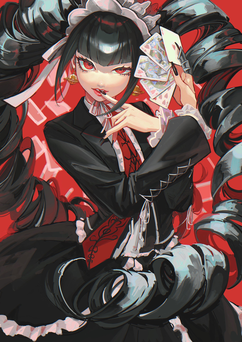 1girl absurdres black_hair black_jacket black_skirt blunt_bangs card celestia_ludenberg center_frills danganronpa:_trigger_happy_havoc danganronpa_(series) drill_hair earrings finger_to_mouth frilled_skirt frills gothic_lolita highres holding holding_card index_finger_raised jacket jewelry kado_51 layered_skirt lolita_fashion long_hair nail_polish neck_ribbon necktie open_clothes open_jacket playing_card print_necktie red_background red_eyes red_lips red_necktie ribbon skirt smile solo teeth twin_drills twintails