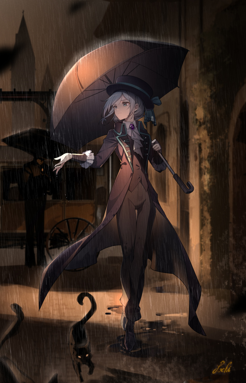 1girl absurdres artist_name ascot black_cat black_coat black_footwear black_headwear black_pants black_umbrella black_vest blue_bow boater_hat bow cat closed_mouth coat collared_shirt dark dress_shirt full_body grey_eyes grey_hair hair_bun hands_up hat hat_bow highres holding holding_umbrella joehi long_sleeves looking_to_the_side night outdoors outstretched_hand pants people rain reverse:1999 shirt short_hair signature single_side_bun solo turning_head umbrella vertin_(reverse:1999) vest waistcoat walking white_ascot white_shirt