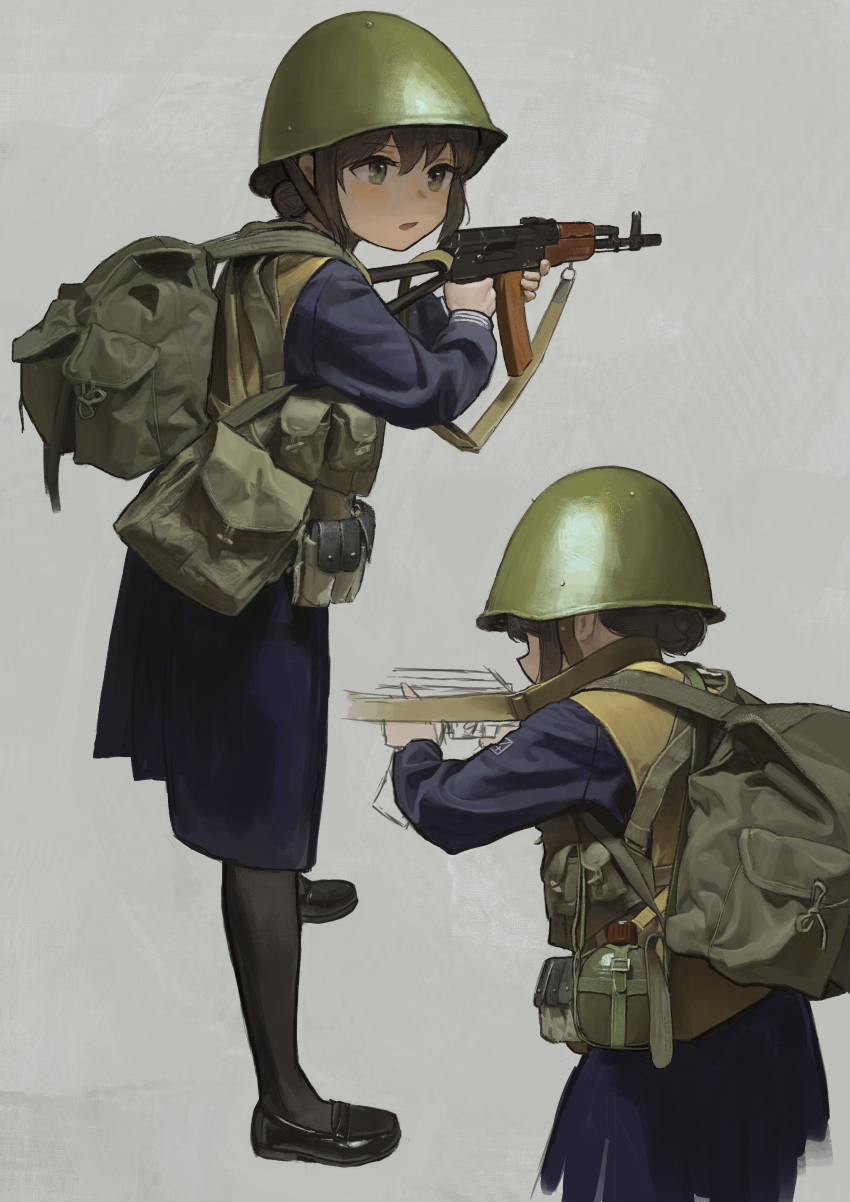 1girl absurdres ak-74 aks-74 assault_rifle backpack bag black_footwear blue_jacket blue_serafuku blue_skirt brown_eyes brown_hair canteen chest_rig combat_helmet garoppui green_bag green_eyes green_headwear grey_background gun hair_bun helmet highres holding holding_gun holding_weapon jacket kalashnikov_rifle load_bearing_vest loafers looking_to_the_side looking_up multiple_views open_mouth original pantyhose rifle school_uniform serafuku shoes short_hair skirt solo tactical_clothes weapon