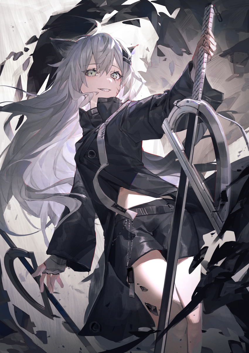 1girl absurdres animal_ears arknights black_jacket black_nails black_shorts commentary feet_out_of_frame fingerless_gloves gloves grey_eyes grey_hair grin hair_ornament hairclip highres holding holding_sword holding_weapon jacket lappland_(arknights) long_hair long_sleeves looking_at_viewer mr.lime oripathy_lesion_(arknights) scar scar_across_eye scar_on_face sharp_teeth shorts smile solo sword teeth very_long_hair weapon white_gloves wolf_ears wolf_girl