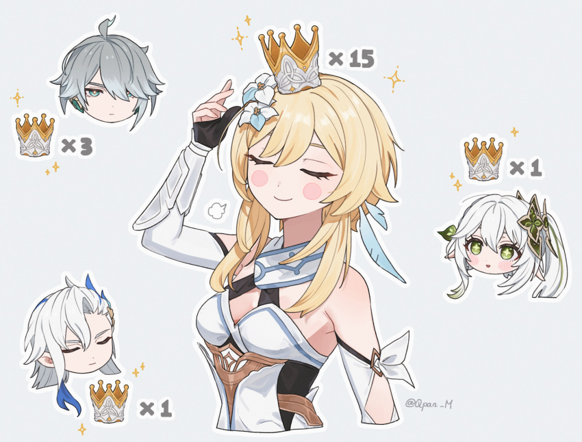 2boys 2girls =3 alhaitham_(genshin_impact) black_gloves blonde_hair blue_hair blush breasts closed_eyes closed_mouth commentary cropped_torso crown detached_sleeves gameplay_mechanics genshin_impact gloves green_hair hair_between_eyes hair_ornament hair_over_one_eye highres long_hair lumine_(genshin_impact) medium_breasts multicolored_hair multiple_boys multiple_girls nahida_(genshin_impact) neuvillette_(genshin_impact) parted_lips partially_fingerless_gloves pointy_ears q_(oshikuraq) short_hair_with_long_locks side_ponytail simple_background symbol-only_commentary twitter_username upper_body white_hair
