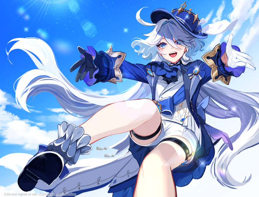 1girl ascot bare_legs black_gloves blue_eyes blue_hair blue_headwear blue_jacket blue_sky furina_(genshin_impact) genshin_impact gloves hair_between_eyes hat heterochromia high_heels highres hiki_yuichi jacket light_blue_hair long_hair long_sleeves looking_at_viewer mismatched_pupils multicolored_hair open_mouth shorts sky smile solo streaked_hair tongue top_hat upper_body white_gloves white_hair white_shorts