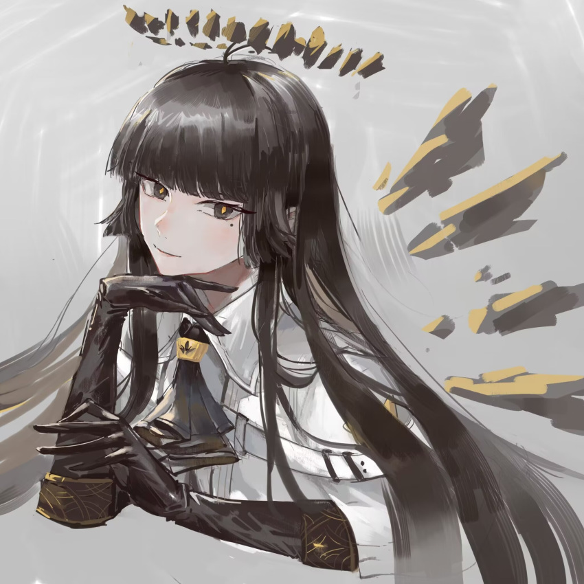 1girl antenna_hair arknights arm_rest arm_support ascot belt belt_buckle black_ascot black_eyes black_gloves black_hair blunt_bangs broken_halo buckle closed_mouth collared_jacket commentary cropped_torso dark_halo detached_wings elbow_gloves energy_wings from_side gloves grey_background grey_halo grey_wings halo hand_on_own_chin head_rest highres hime_cut invisible_floor jacket layered_sleeves light_smile lips long_hair long_sleeves looking_at_viewer looking_to_the_side lying mole mole_under_eye on_stomach outstretched_hand pale_skin pixiv_19048923 short_over_long_sleeves short_sleeved_jacket short_sleeves sidelocks simple_background solo symbol-only_commentary upper_body virtuosa_(arknights) white_belt white_jacket wide_sleeves wing_collar wings yellow_pupils