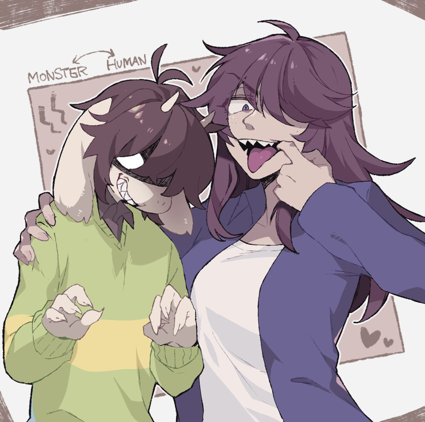 &gt;:) 1girl 1other ahoge alternate_species androgynous animal_ears antenna_hair blank_eyes brown_background brown_hair claw_pose deltarune evil_grin evil_smile fewer_digits finger_in_own_mouth freckles from_side goat_boy goat_ears green_sweater grin hair_over_one_eye hand_on_another's_shoulder highres horns jacket komugiko_(bitte_komu) kris_(deltarune) long_hair long_sleeves looking_at_viewer mouth_pull one_eye_covered open_mouth outline purple_hair purple_jacket shaded_face sharp_teeth shirt short_hair smile susie_(deltarune) sweater swept_bangs teeth tongue tongue_out two-tone_background upper_body v-shaped_eyebrows violet_eyes white_background white_outline white_shirt