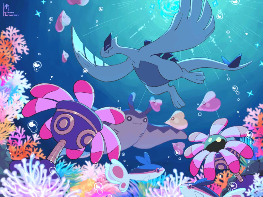 alternate_color animal_focus bubble chikafuji closed_eyes colored_skin commentary_request coral coral_reef finneon fish highres lileep lugia luvdisc mantine no_humans pokemon pokemon_(creature) shiny_pokemon solid_circle_eyes sparkle sunlight tail underwater white_skin wings yellow_eyes