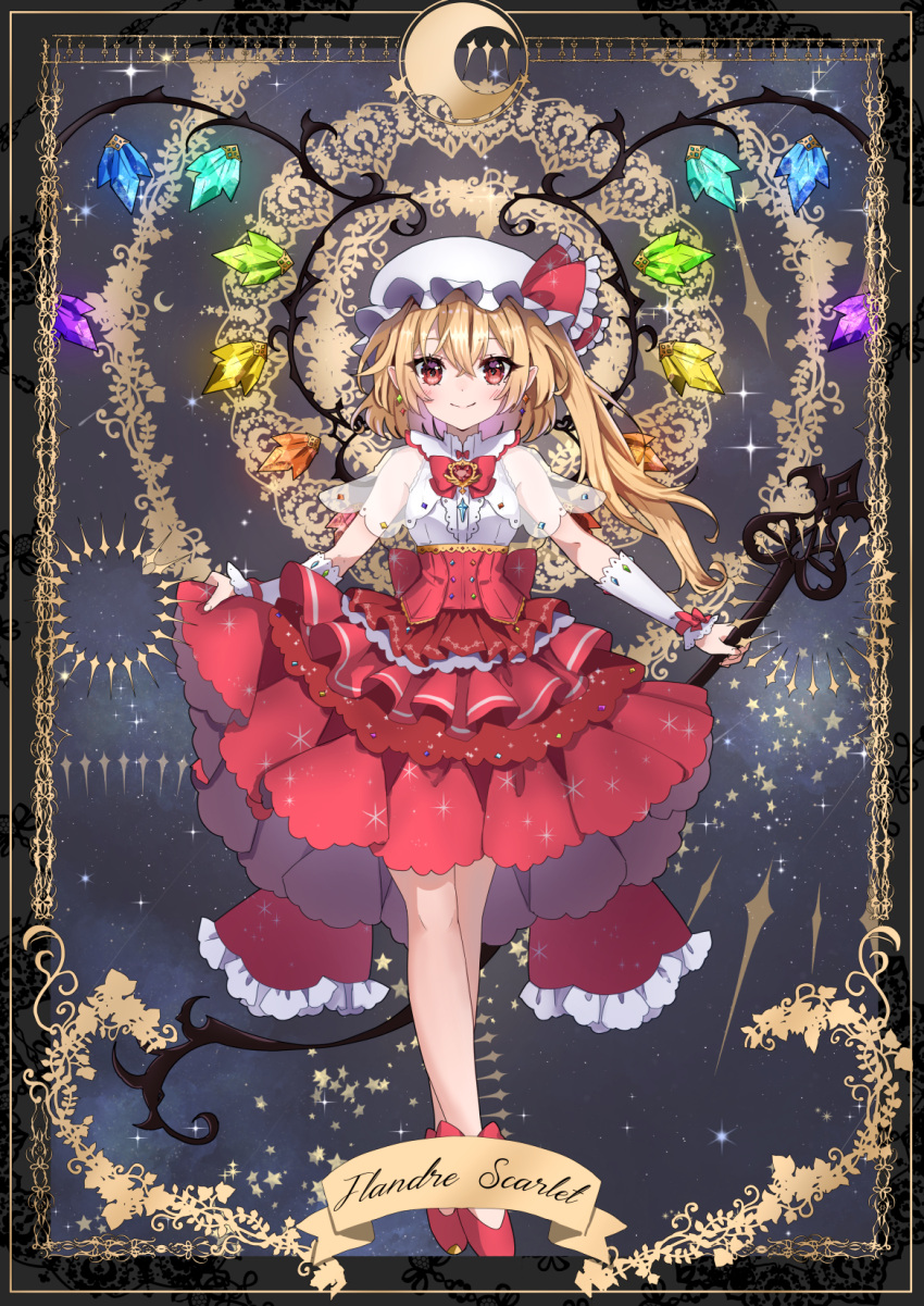 1girl adapted_costume blonde_hair blush breasts character_name closed_mouth crystal earrings flandre_scarlet full_body hat highres jewelry long_hair looking_at_viewer mob_cap one_side_up red_eyes red_footwear red_skirt see-through see-through_sleeves shironeko_yuuki shirt shoes short_sleeves skirt small_breasts smile solo touhou white_headwear white_shirt wings