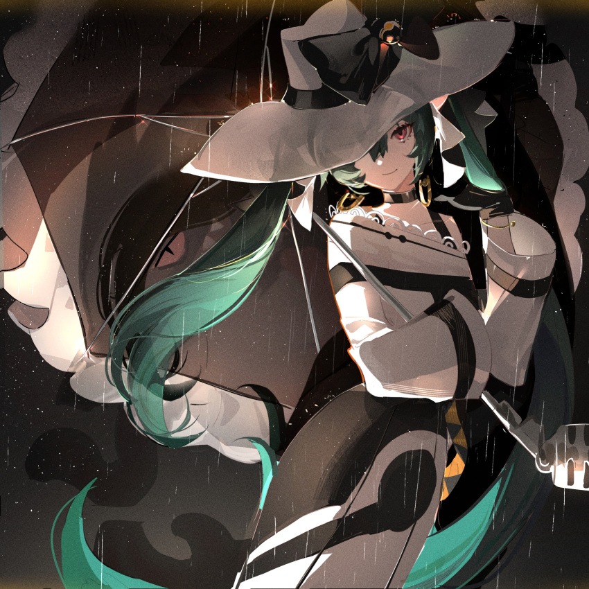 1girl absurdres black_bow black_choker black_gloves bow bracelet choker closed_mouth dark_miku_(project_voltage) dress earrings ershuihe gloves green_hair hair_between_eyes hat hat_bow hatsune_miku highres jewelry long_hair looking_at_viewer obstagoon pokemon pokemon_(creature) project_voltage red_eyes twintails very_long_hair vocaloid white_headwear
