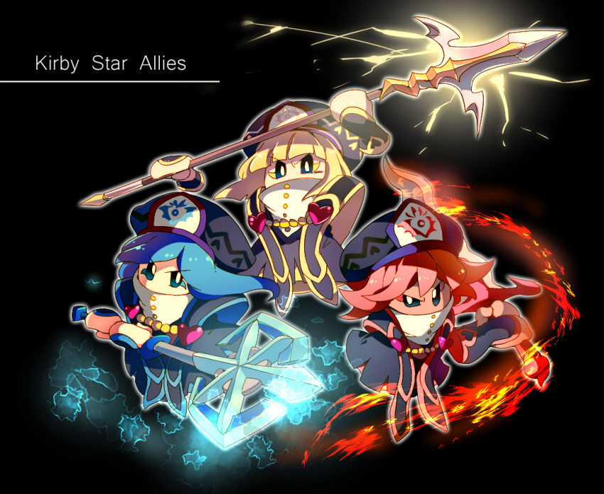 3girls axe black_background black_headwear black_robe blonde_hair blue_eyes blue_hair blue_trim blunt_bangs blunt_ends bracer brooch buttons commentary_request covered_mouth disembodied_limb facial_mark fire flamberge_(kirby) francisca_(kirby) hat heart heart_brooch heart_print holding holding_axe holding_polearm holding_sword holding_weapon ice jewelry kirby:_star_allies kirby_(series) lapels lightning long_hair looking_at_viewer multiple_girls neckerchief polearm red_trim redhead robe shirushiki short_hair siblings sisters spiky_hair sword tan v-shaped_eyebrows weapon white_neckerchief yellow_trim zan_partizanne