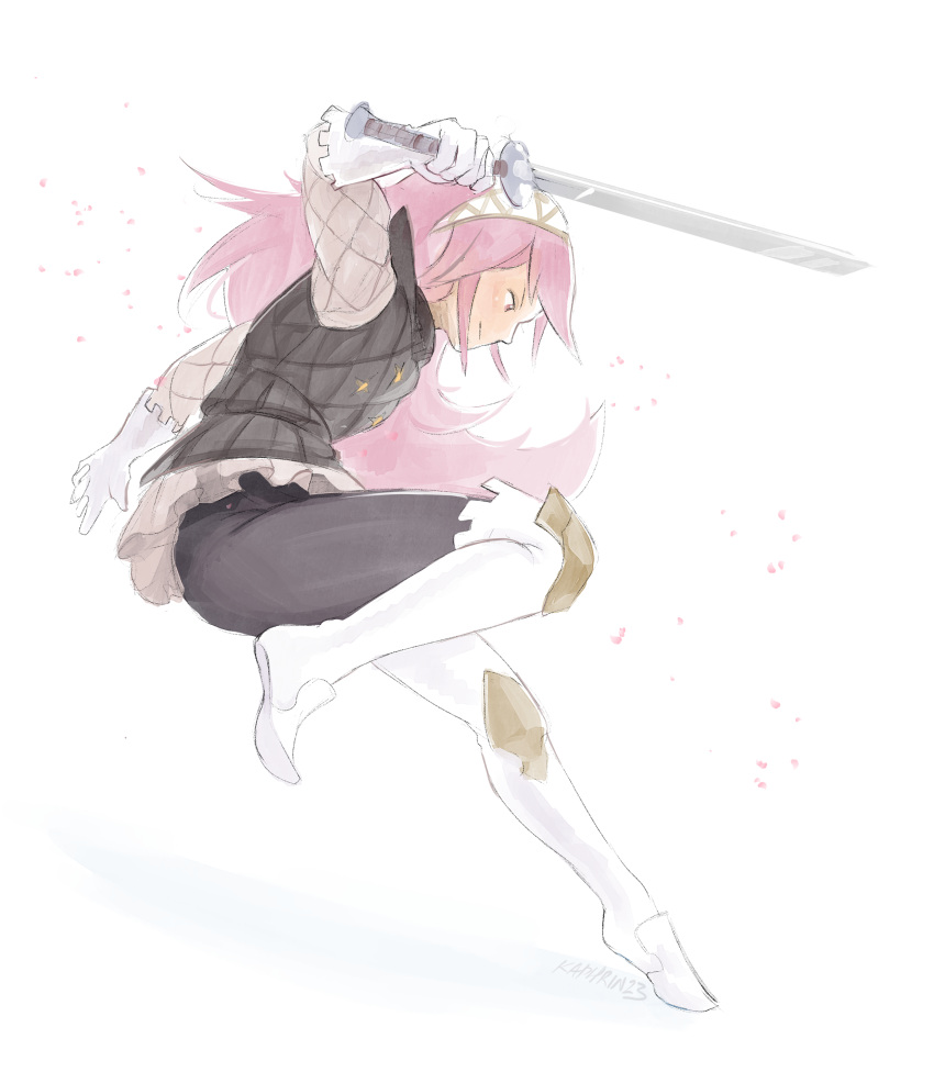 1girl absurdres artist_name boots fire_emblem fire_emblem_fates fire_emblem_heroes from_side gambeson gloves hairband highres holding holding_sword holding_weapon kaphrin long_hair long_sleeves looking_down pink_eyes pink_hair soleil_(fire_emblem) solo sword weapon white_background white_footwear white_gloves white_hairband