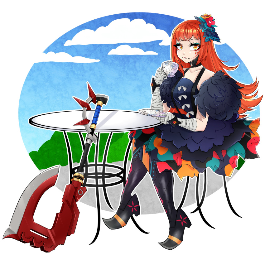 1girl absurdres aqua_eyeshadow axe bandaged_arm bandaged_hand bandages black_dress cup dress eyeshadow fire_emblem fire_emblem_fates fur_sleeves highres holding holding_plate kyhsoren looking_at_viewer makeup orange_hair panette_(fire_emblem) plate red_eyeliner short_bangs solo stitched_mouth stitches table teacup yellow_eyes
