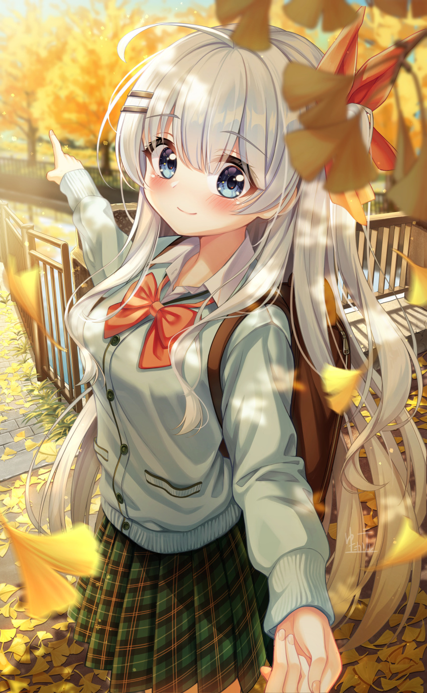 1girl 1other absurdres ahoge autumn autumn_leaves backpack bag blue_cardigan blue_eyes blurry blurry_foreground blush bow bowtie breasts brown_bag cardigan closed_mouth collared_shirt day falling_leaves ginkgo_leaf ginkgo_tree green_skirt hair_ornament hairclip highres holding_hands leaf long_hair long_sleeves looking_at_viewer medium_breasts original outdoors plaid plaid_skirt pleated_skirt pointing pov railing red_bow red_bowtie river school_uniform shirt skirt smile tree tyutaka0427 upper_body very_long_hair water white_hair white_shirt