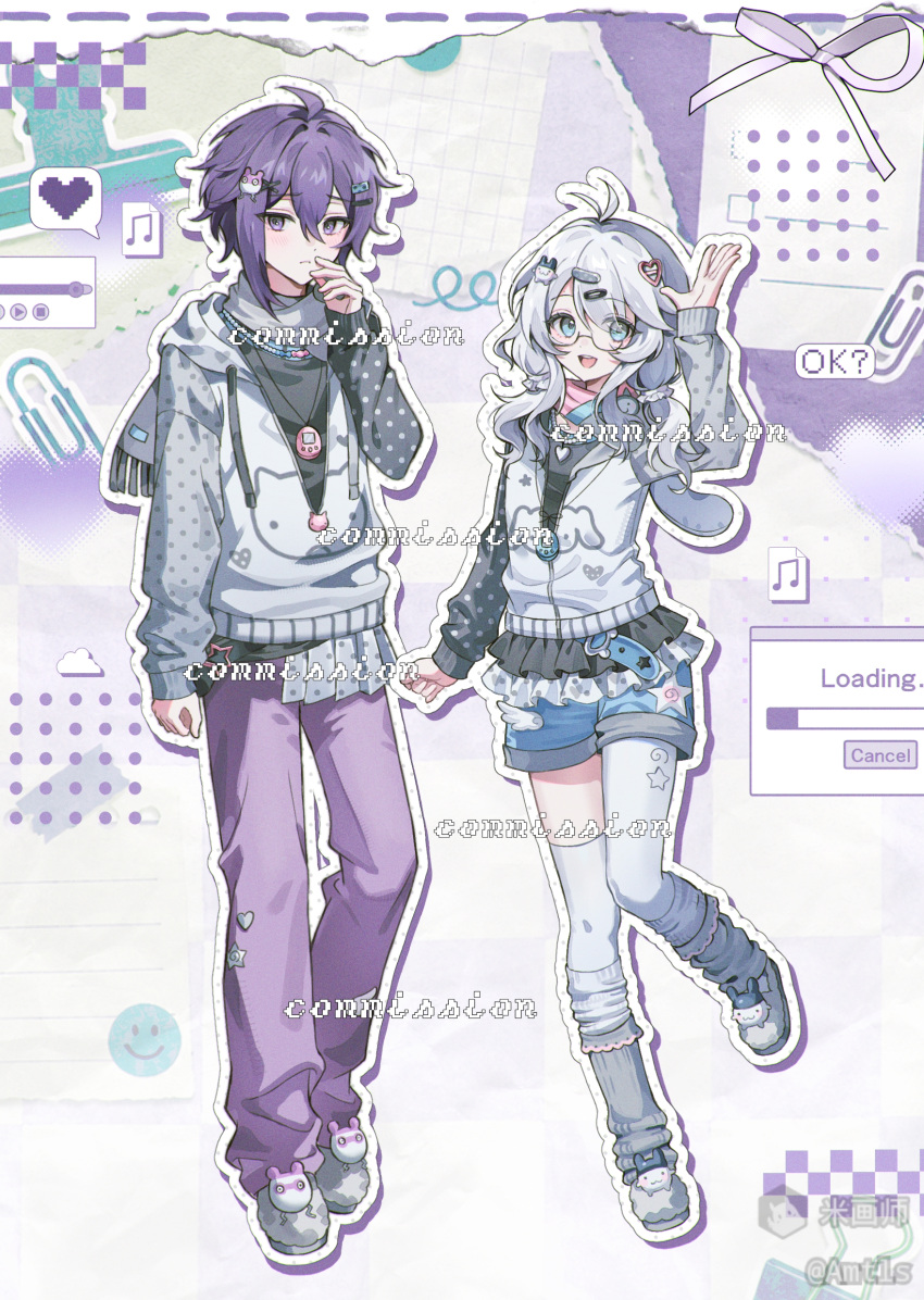 1boy 1girl :d absurdres ahoge amtls androgynous antenna_hair belt bishounen black_belt black_shirt blue_belt blue_eyes blue_shorts blush cameo character_hair_ornament commission flat_chest frilled_shirt frills full_body girly_boy grey_scarf hair_between_eyes hair_ornament hand_up highres hood hoodie jewelry long_hair long_sleeves low_twintails matching_outfits mihuashi_commission mihuashi_logo mihuashi_username mimitchi necklace original pants polka_dot purple_pants scarf shirt short_hair shorts slippers smile socks standing standing_on_one_leg star_(symbol) tamagotchi tamagotchi_(classic) tamagotchi_(virtual_pet) thigh-highs twintails violet_eyes virtual_pet_(toy) watermark waving white_hair white_hoodie white_socks white_thighhighs wishcore yabi_fashion zuccitchi