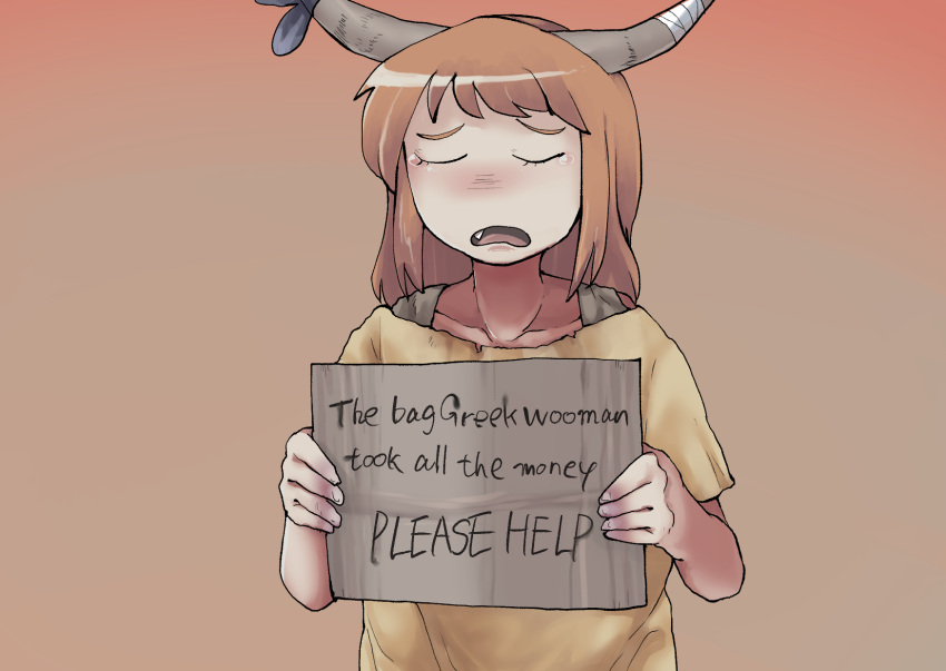 1girl bandaged_horn brown_background brown_hair brown_horns closed_eyes comedy comfy_(cookie) commentary_request cookie_(touhou) english_text fang fingernails fuka_(kantoku) gradient_background highres holding holding_sign horns ibuki_suika long_hair open_mouth shirt short_bangs short_sleeves sign solo tearing_up touhou typo upper_body yellow_shirt