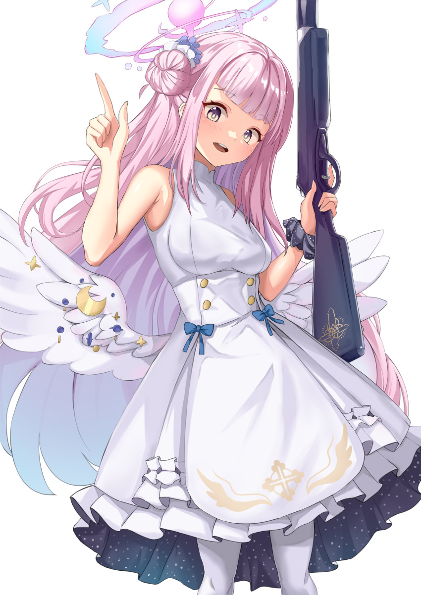 absurdres angel_wings black_scrunchie blue_archive blush capelet dress feathered_wings frilled_ribbon frills gun hair_bun halo highres holding holding_gun holding_weapon leggings long_hair looking_at_viewer low_wings mg42cat-k1ng mika_(blue_archive) open_mouth pink_hair ribbon scrunchie simple_background single_side_bun weapon white_background white_capelet white_dress white_leggings white_wings wing_ornament wings wrist_scrunchie