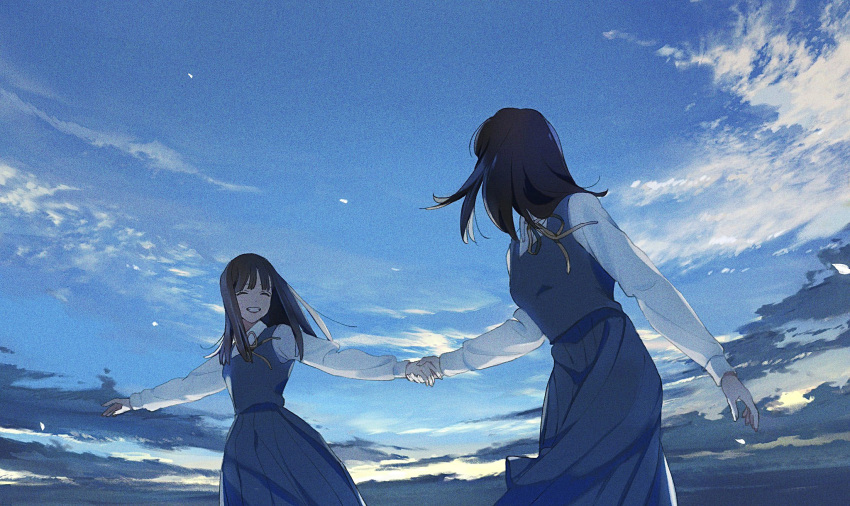 2girls ^_^ arm_at_side blue_sky bow bowtie breasts brown_hair closed_eyes clouds collared_shirt cowboy_shot day facing_another facing_to_the_side floating_hair from_below grey_skirt grey_vest grin happy highres holding_hands long_hair long_sleeves medium_hair multiple_girls original outstretched_arms pleated_skirt school_uniform shirt skirt sky smile solo spread_arms twilight vest white_shirt yellow_bow yellow_bowtie yuribou