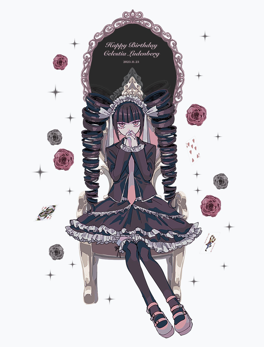 1girl black_thighhighs blunt_bangs brown_eyes celestia_ludenberg chair character_name danganronpa:_trigger_happy_havoc danganronpa_(series) dated dress drill_hair earrings flower frilled_dress frilled_jacket frilled_skirt frills full_body gothic_lolita hands_up happy_birthday highres interlocked_fingers jacket jewelry layered_skirt lolita_fashion necktie pisapipi rose shoes simple_background sitting skirt solo sparkle thigh-highs twin_drills twintails white_background