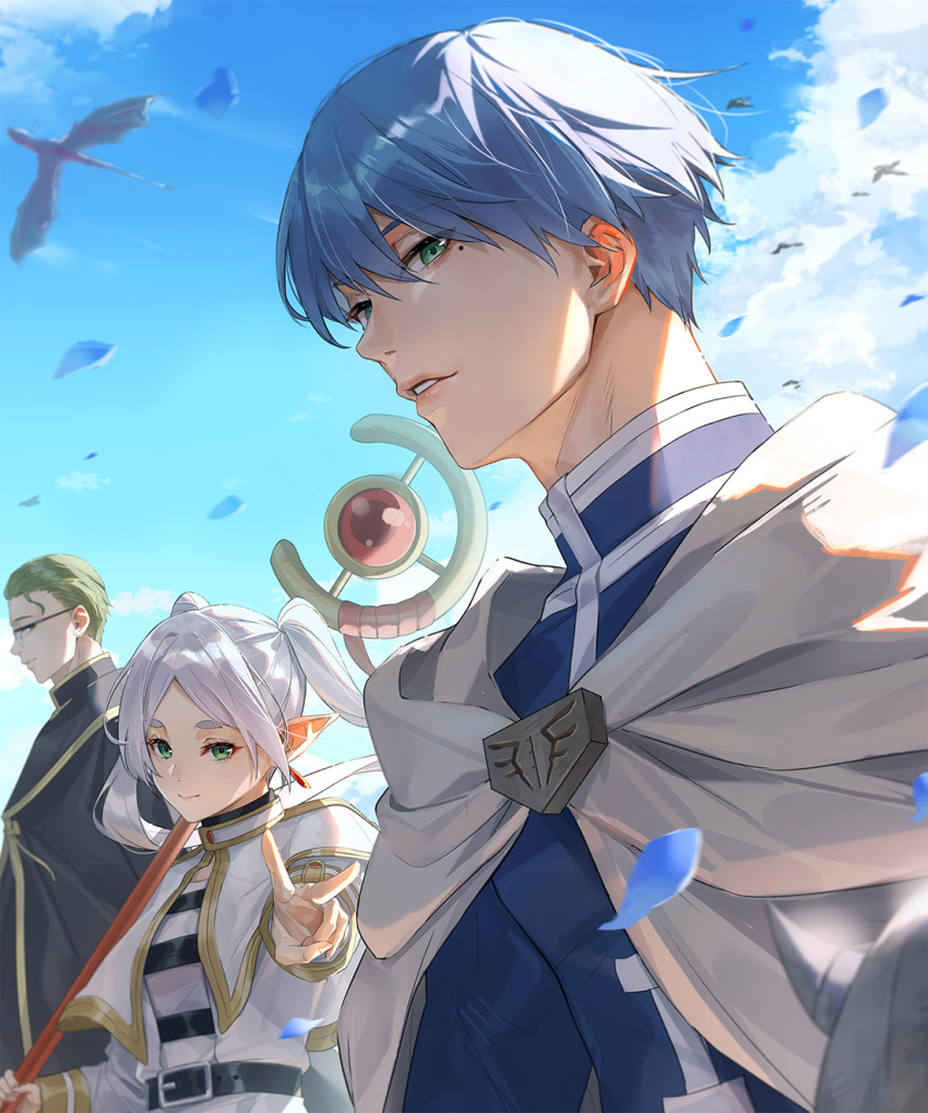 1girl 3boys belt black_belt black_coat blue_hair blue_sky blue_tunic cape capelet closed_mouth clouds coat commentary_request dragon eisen_(sousou_no_frieren) elf fake_horns falling_petals frieren glasses gold_trim green_eyes green_hair grey_hair hair_between_eyes hair_slicked_back heiter helmet highres himmel_(sousou_no_frieren) holding holding_staff horned_helmet horns long_hair long_sleeves looking_at_viewer mage_staff mole mole_under_eye multiple_boys out_of_frame outdoors outstretched_arm over_shoulder parted_bangs parted_lips petals pointy_ears profile shirt short_eyebrows short_hair sidelocks sky smile sousou_no_frieren staff striped striped_shirt teeth thick_eyebrows tight_(ohmygod) twintails upper_body v white_cape white_capelet