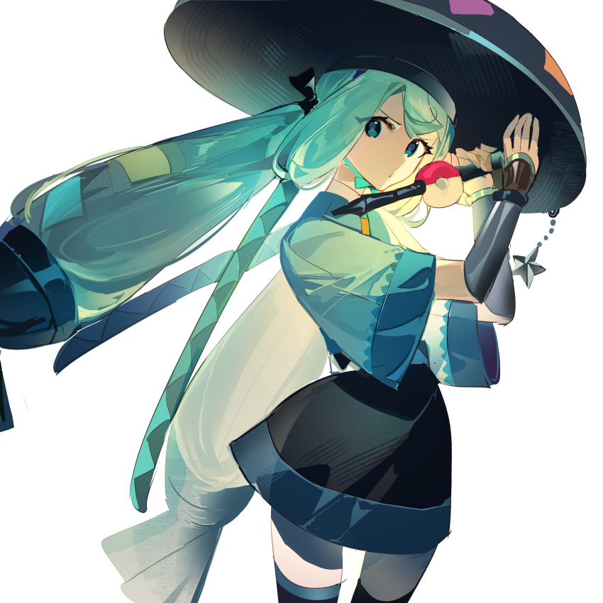1girl absurdres aqua_hair black_thighhighs blue_eyes ershuihe flute hat hatsune_miku highres holding holding_instrument instrument japanese_clothes long_hair looking_at_viewer poke_flute pokemon project_voltage sandogasa simple_background skirt solo star_(symbol) steel_miku_(project_voltage) thigh-highs twintails very_long_hair vocaloid white_background wide_sleeves