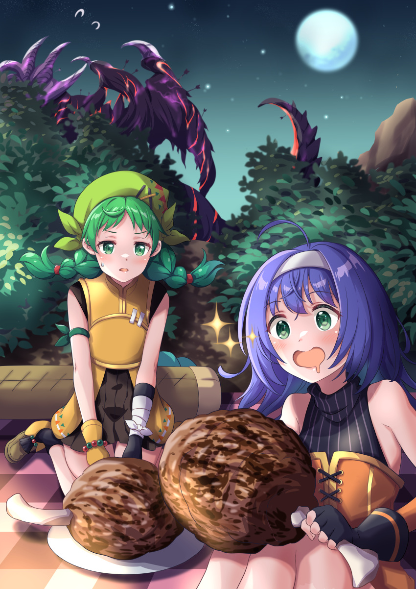 2girls absurdres aged_down armpits arrow_in_body bandana boned_meat braid bush child commission drooling fingerless_gloves fire_emblem fire_emblem:_path_of_radiance fire_emblem:_the_blazing_blade fire_emblem:_the_sacred_stones fire_emblem_heroes fomortiis_(fire_emblem) food full_moon gloves green_eyes green_hair highres meat mia_(fire_emblem) moon mouth_drool multiple_girls nature night official_alternate_costume picnic pleated_skirt rebecca_(fire_emblem) sitting skirt sleeveless tsukachii twin_braids violet_eyes