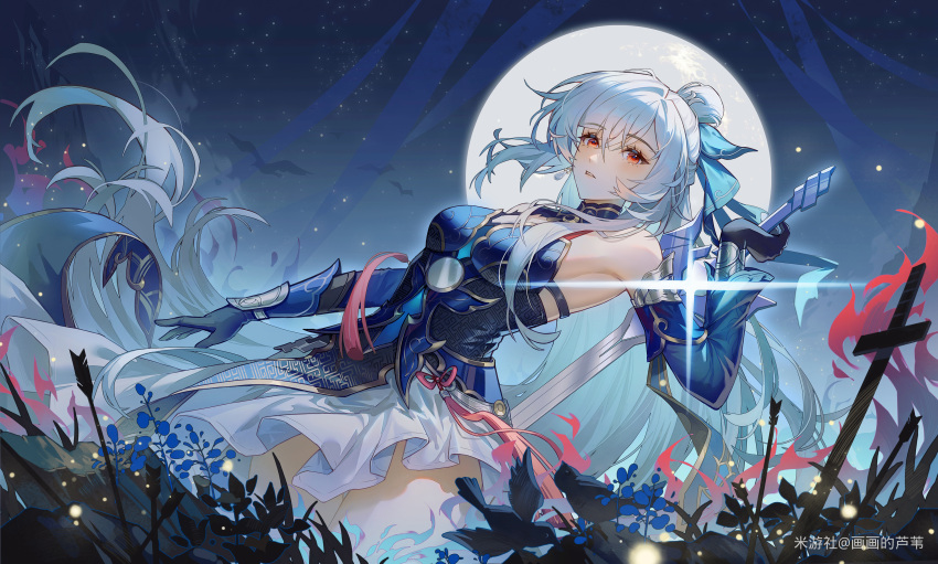 1girl absurdres arm_up bare_shoulders bird black_gloves blue_sleeves bow_(weapon) crystal_sword detached_sleeves full_moon gloves high_ponytail highres holding holding_sword holding_weapon honkai:_star_rail honkai_(series) huahua_deluwei jingliu_(honkai:_star_rail) long_hair moon night night_sky ponytail red_eyes skirt sky solo sword sword_behind_back weapon white_hair white_skirt