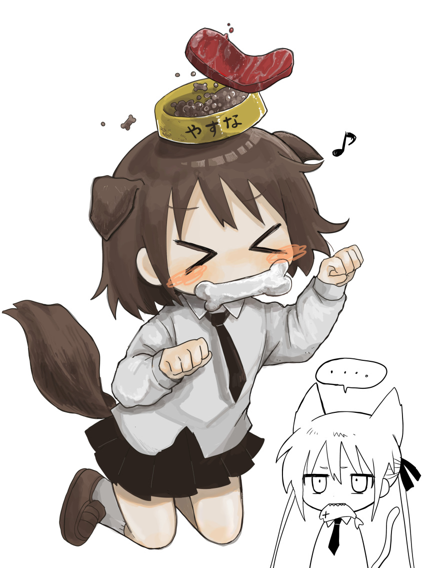 &gt;_&lt; ... 2girls absurdres animal_ears black_necktie black_skirt blush_stickers bone brown_footwear brown_hair cat cat_ears cat_tail chibi chibi_inset collared_shirt commentary_request dog_ears dog_girl dog_tail food food_on_head hair_ribbon hands_up highres jumping kemonomimi_mode kill_me_baby kneehighs loafers meat mouth_hold multiple_girls musical_note necktie object_on_head oribe_yasuna partially_colored paw_pose pet_food pleated_skirt ribbon sharp_teeth shirt shoes short_hair simple_background skirt socks sonya_(kill_me_baby) spoken_ellipsis steak tail teeth twintails white_background white_shirt white_socks yasashii_naizou