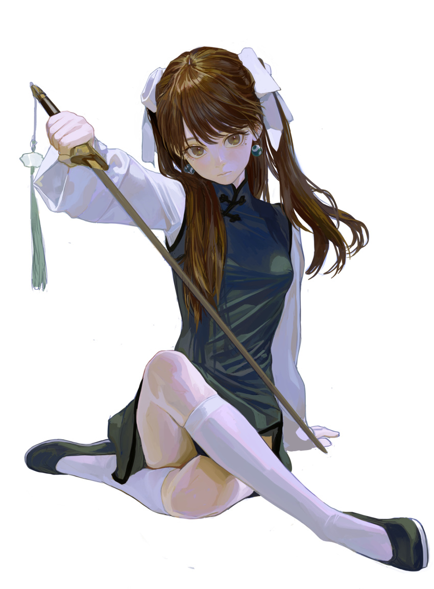 1girl black_footwear bow brown_eyes brown_hair chinese_clothes closed_mouth commentary earrings expressionless eyeball_bracelet_girl_(fkey) fkey full_body hair_ribbon highres holding holding_weapon jewelry long_hair long_sleeves looking_at_viewer original ribbon shirt simple_background sitting solo symbol-only_commentary weapon white_ribbon white_shirt yin_yang yin_yang_earrings